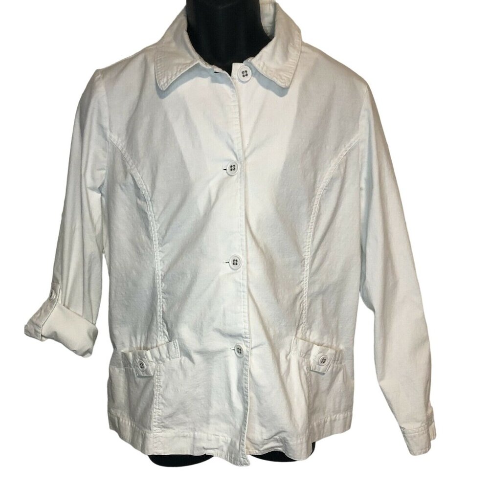 Basic Editions Women’s Size M White Canvas Jacket Button Up Roll Tab Sleeve
